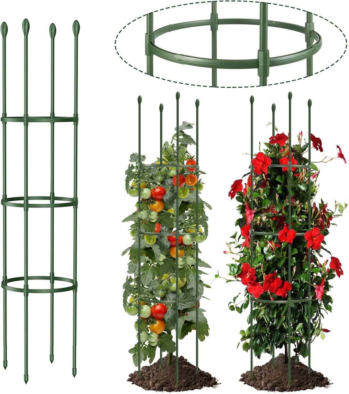 Round Heavy Duty Tomato Cage - 55 Inch Steel Core Plastic Coated Garden Trellis, 4-Post Rustproof Plant Support for Tomato/Cucumber/Beans, No Tools Snap Assembly, Spare Parts Available